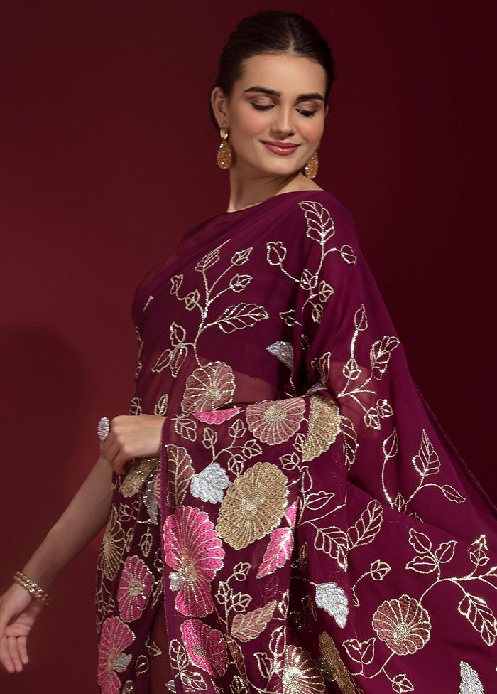 Maroon Georgette Saree With Blouse Piece