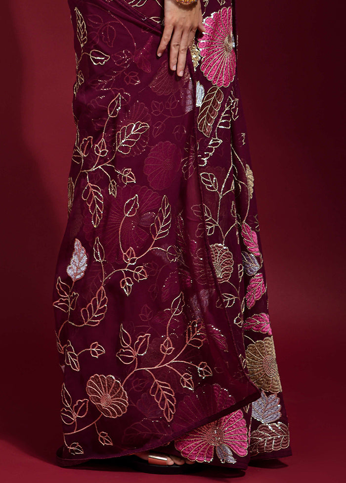 Maroon Georgette Saree With Blouse Piece