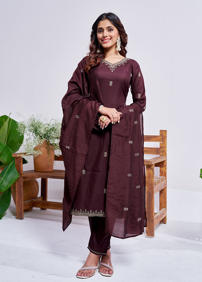 3 Pc Brown Silk Suit Set