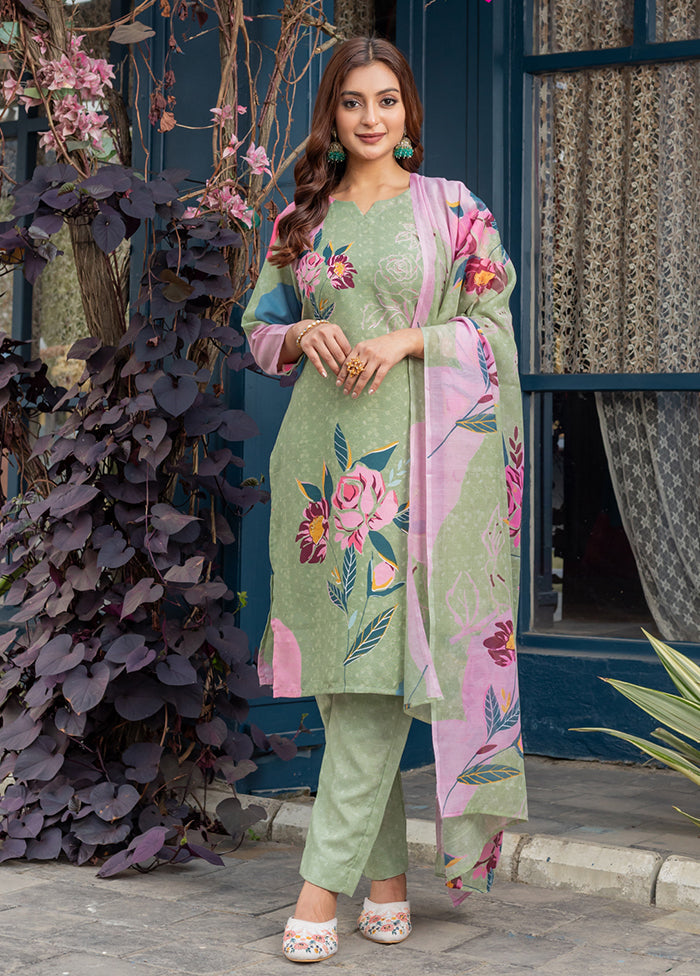 3 Pc Green Cotton Suit Set