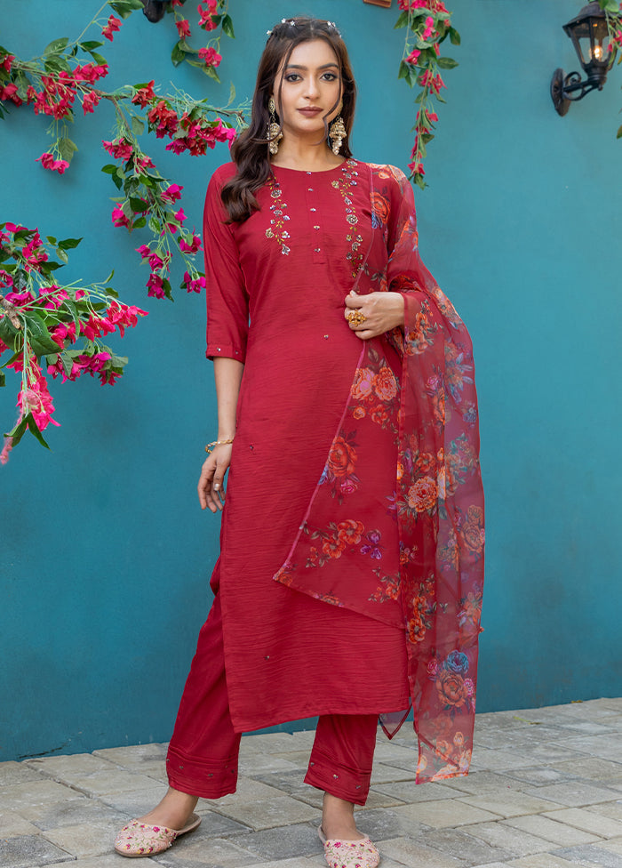 3 Pc Maroon Silk Suit Set