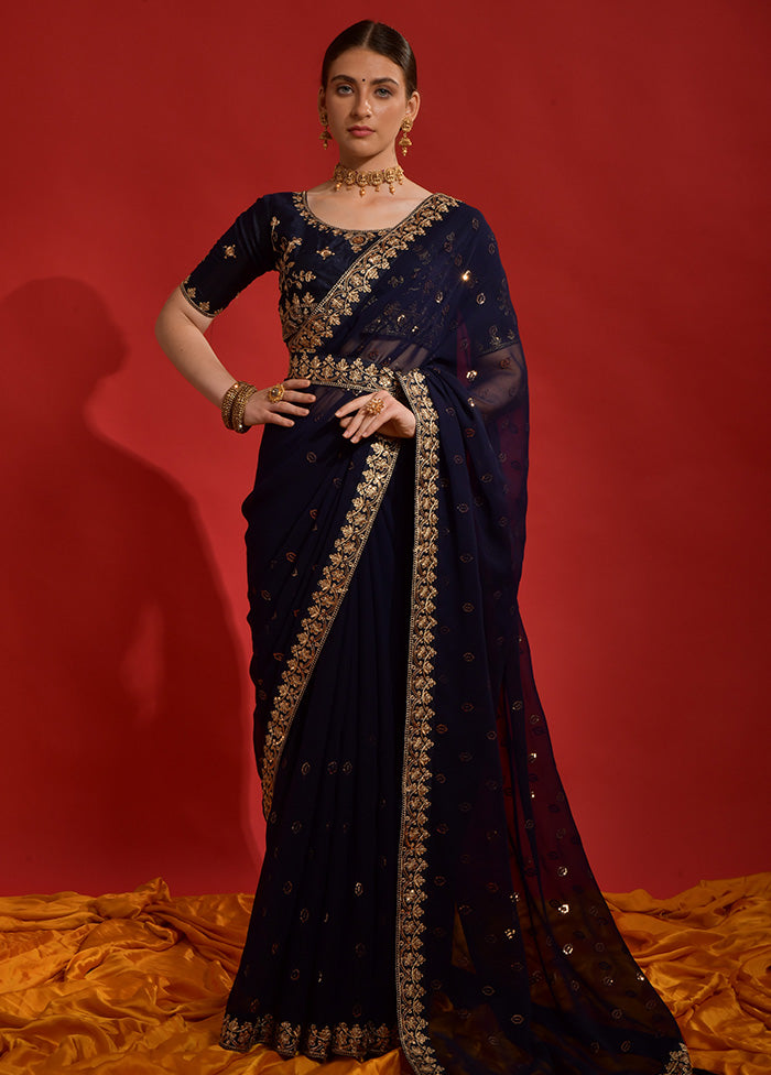 Navy Blue Georgette Saree With Blouse Piece - Indian Silk House Agencies