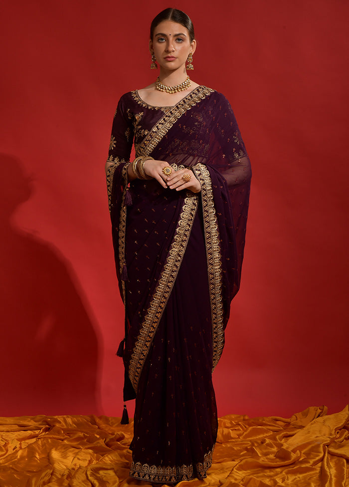 Wine Georgette Saree With Blouse Piece - Indian Silk House Agencies