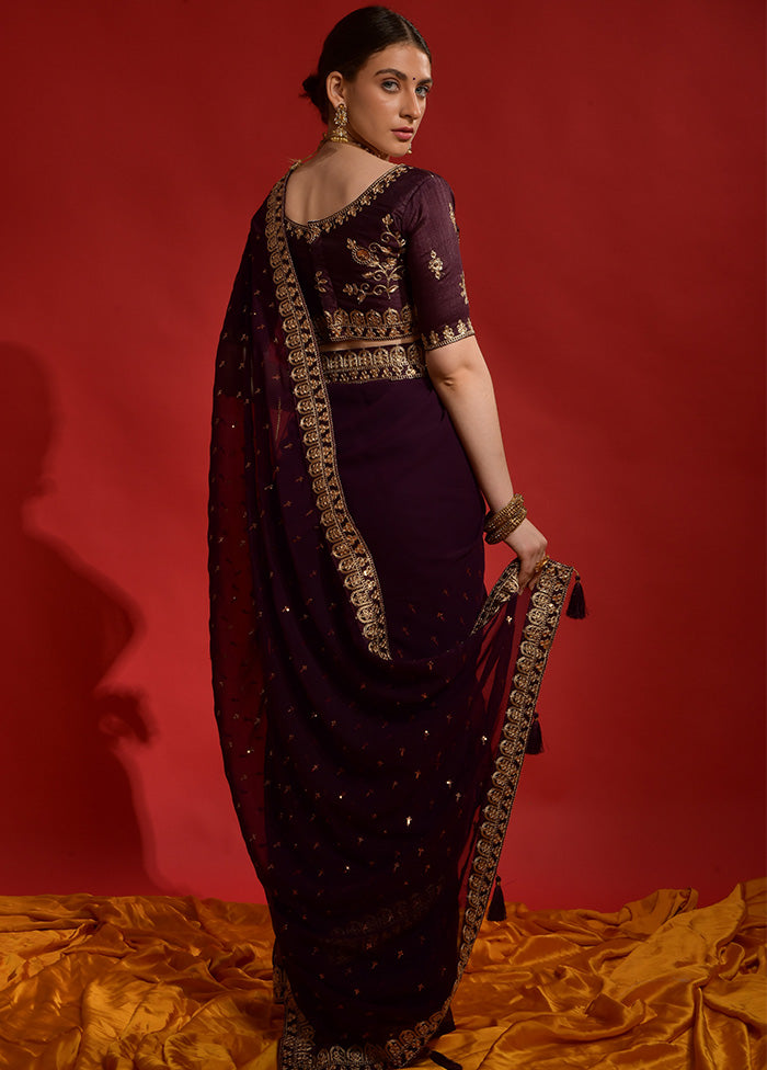 Wine Georgette Saree With Blouse Piece - Indian Silk House Agencies