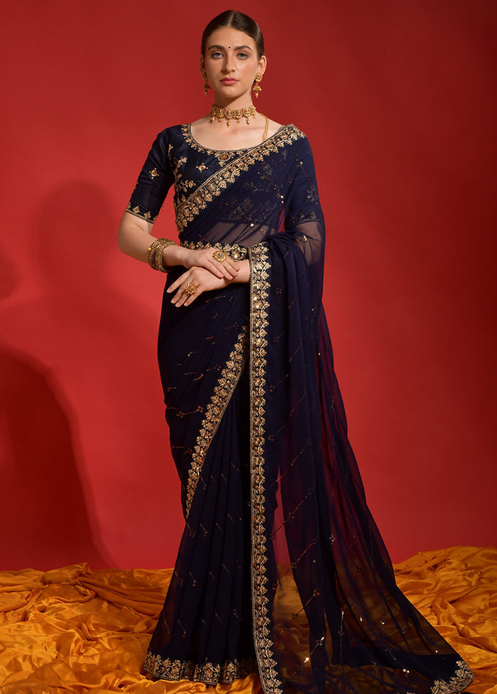 Navy Blue Georgette Saree With Blouse Piece - Indian Silk House Agencies