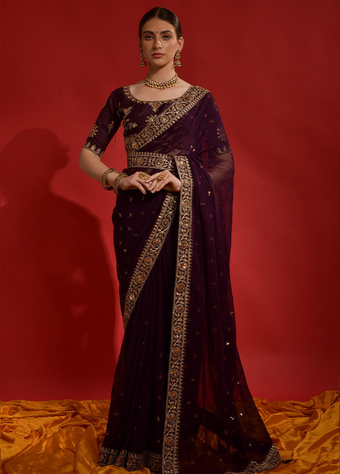 Wine Georgette Saree With Blouse Piece - Indian Silk House Agencies