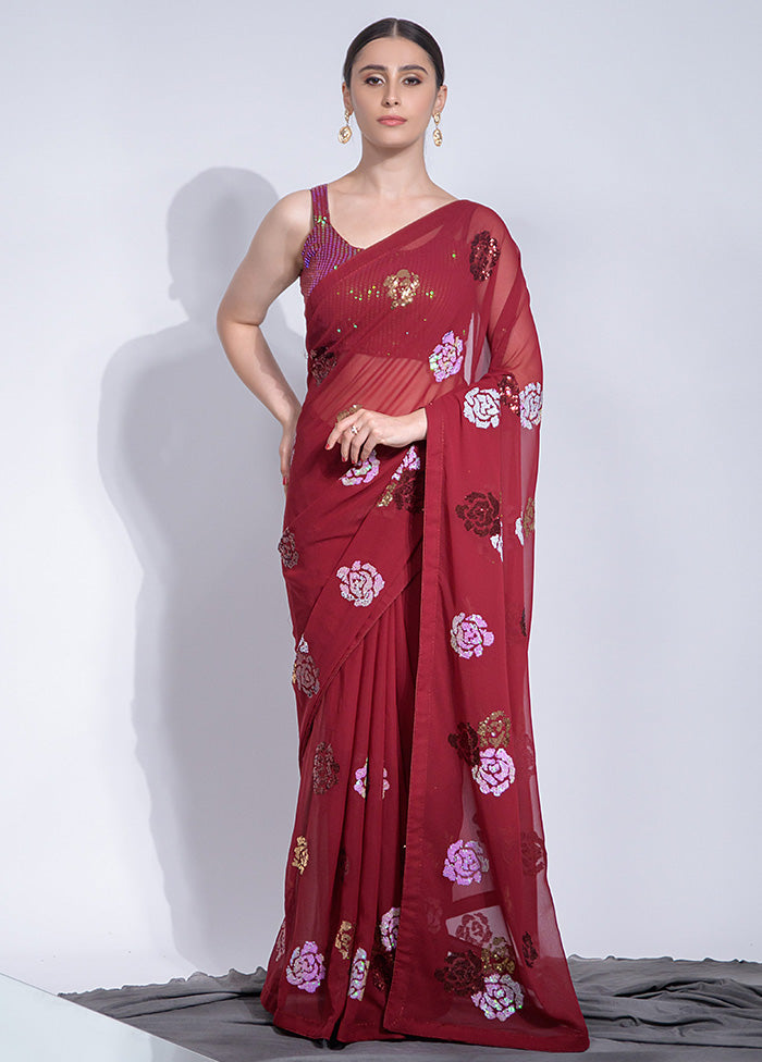 Maroon Georgette Saree With Blouse Piece