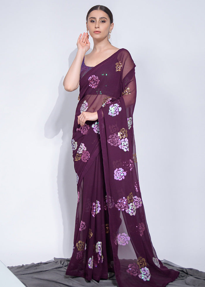 Wine Georgette Saree With Blouse Piece