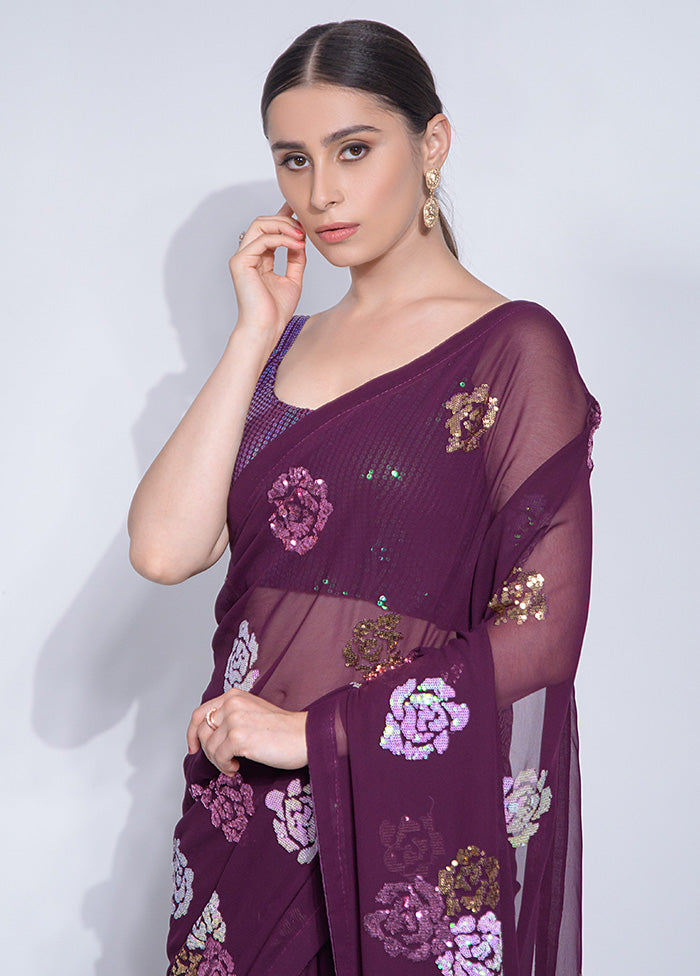 Wine Georgette Saree With Blouse Piece - Indian Silk House Agencies