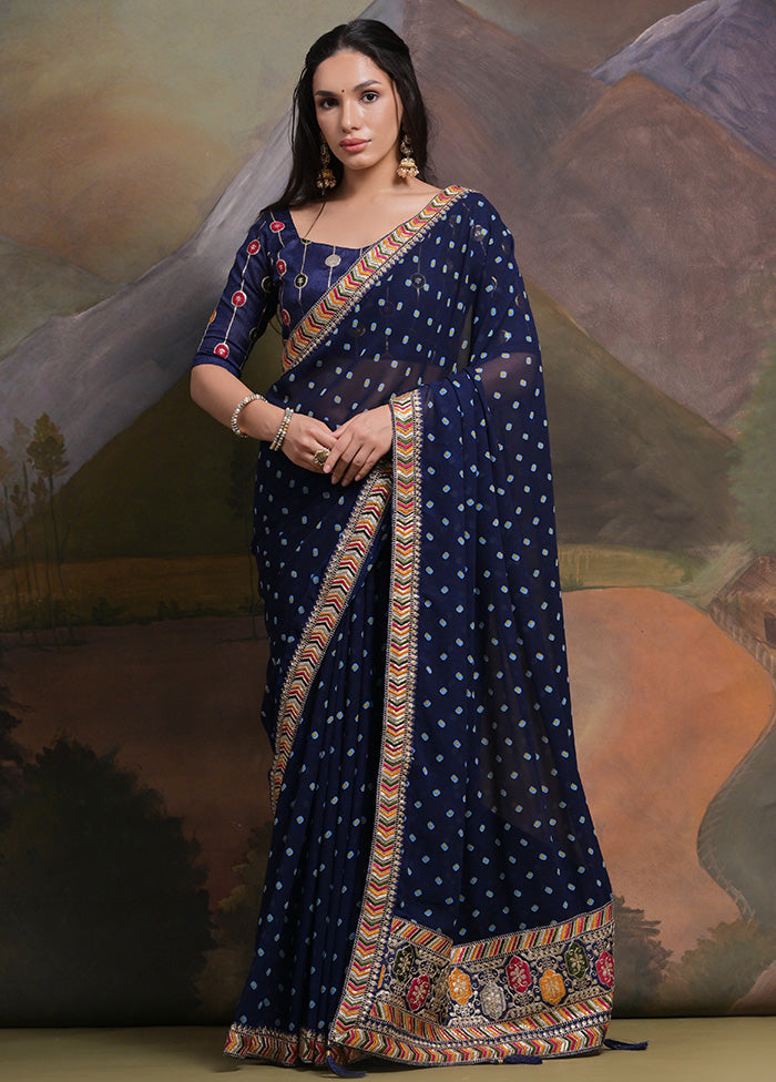 Navy Blue Georgette Saree With Blouse Piece