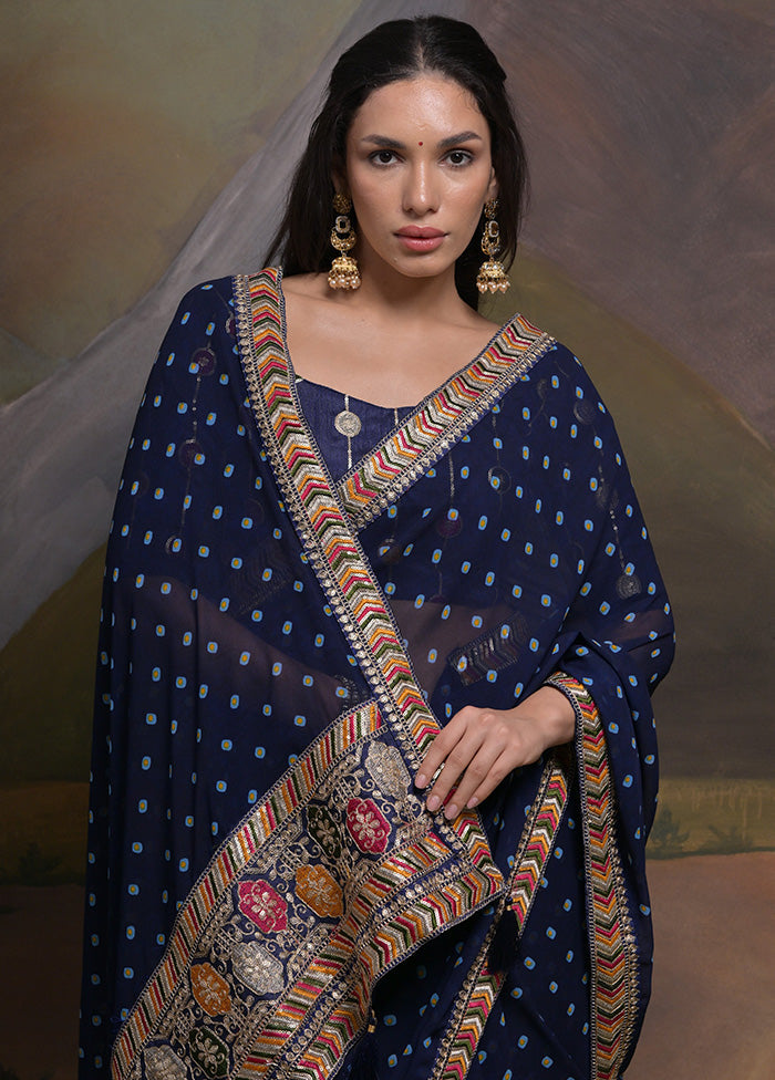 Navy Blue Georgette Saree With Blouse Piece - Indian Silk House Agencies