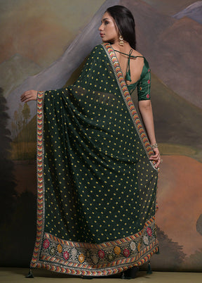 Bottle Green Georgette Saree With Blouse Piece