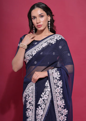 Navy Blue Georgette Saree With Blouse Piece - Indian Silk House Agencies