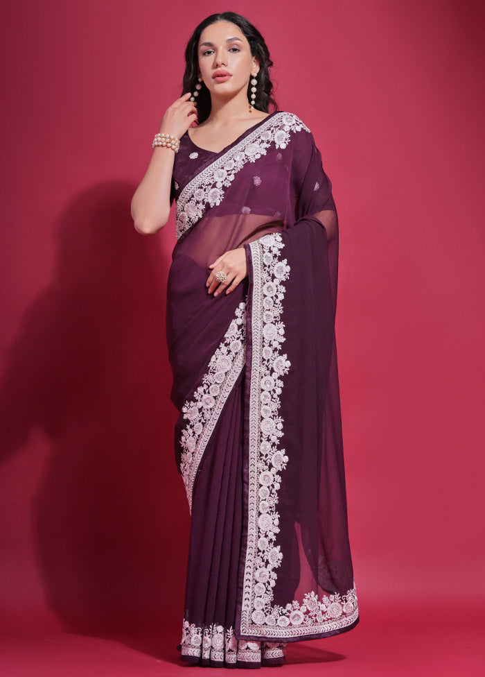 Wine Georgette Saree With Blouse Piece - Indian Silk House Agencies