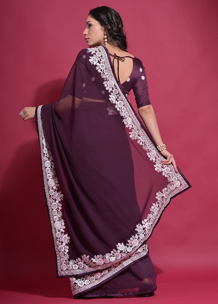 Wine Georgette Saree With Blouse Piece - Indian Silk House Agencies