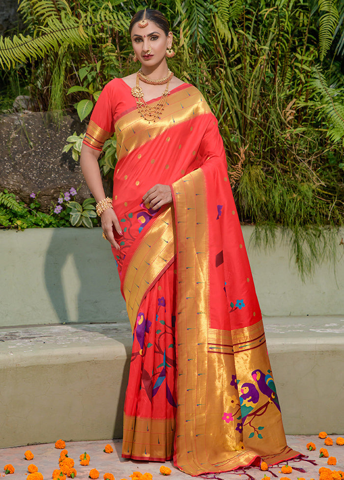 Red Dupion Silk Saree With Blouse Piece - Indian Silk House Agencies