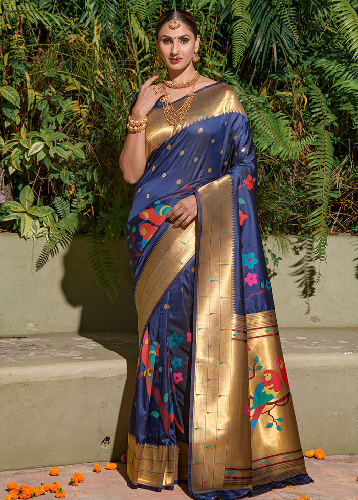 Navy Blue Dupion Silk Saree With Blouse Piece - Indian Silk House Agencies