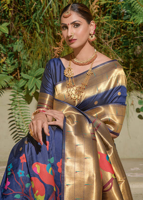 Navy Blue Dupion Silk Saree With Blouse Piece - Indian Silk House Agencies