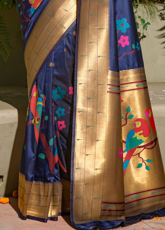 Navy Blue Dupion Silk Saree With Blouse Piece - Indian Silk House Agencies