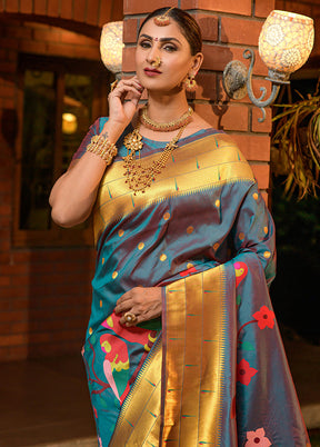 Teal Dupion Silk Saree With Blouse Piece - Indian Silk House Agencies