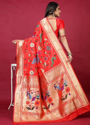 Red Dupion Silk Saree With Blouse Piece - Indian Silk House Agencies