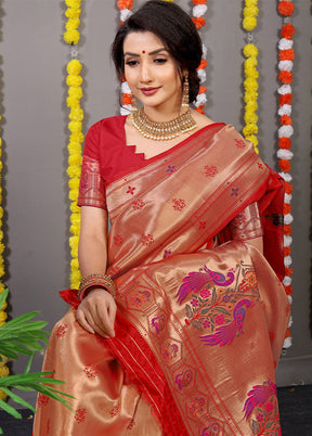 Red Dupion Silk Saree With Blouse Piece