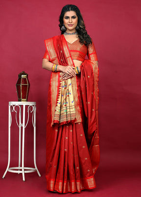 Red Dupion Silk Saree With Blouse Piece - Indian Silk House Agencies