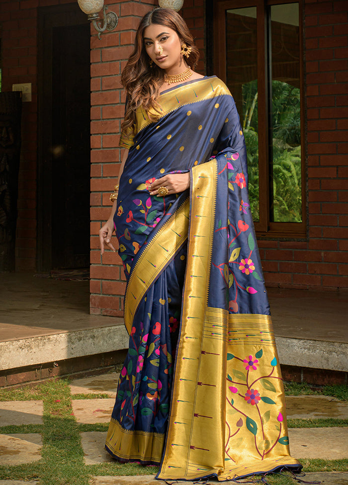 Navy Blue Dupion Silk Saree With Blouse Piece - Indian Silk House Agencies