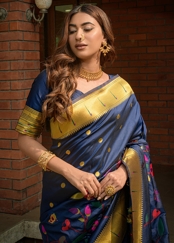 Navy Blue Dupion Silk Saree With Blouse Piece - Indian Silk House Agencies