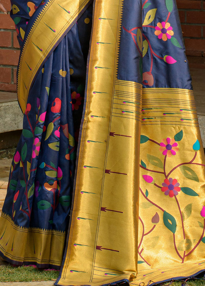 Navy Blue Dupion Silk Saree With Blouse Piece - Indian Silk House Agencies