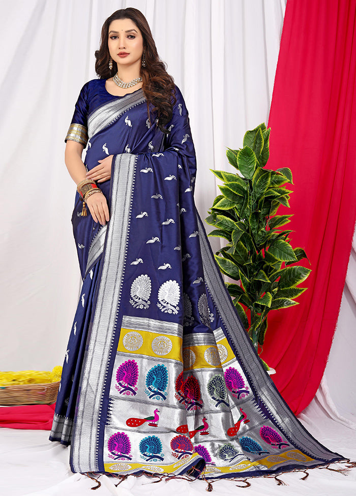 Navy Blue Dupion Silk Saree With Blouse Piece - Indian Silk House Agencies