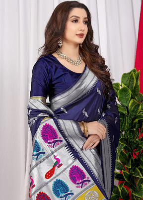 Navy Blue Dupion Silk Saree With Blouse Piece - Indian Silk House Agencies