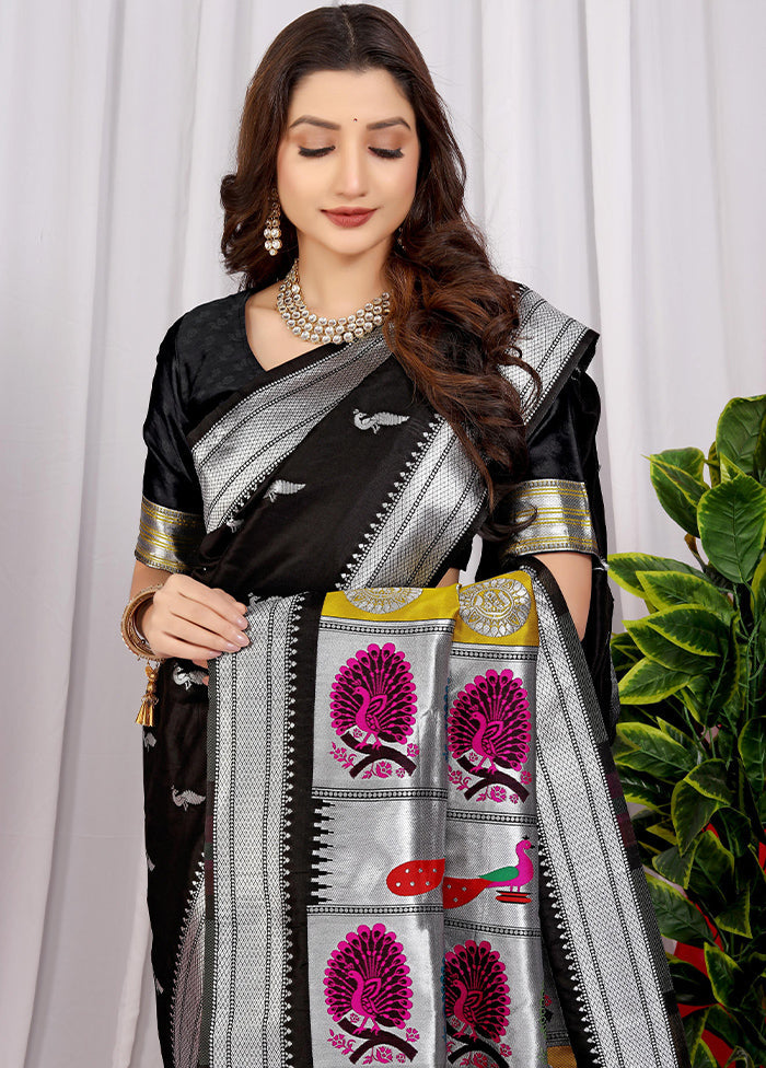 Black Dupion Silk Saree With Blouse Piece - Indian Silk House Agencies