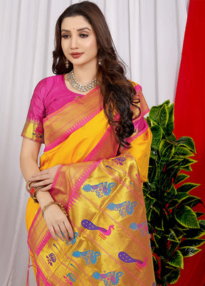 Yellow Dupion Silk Saree With Blouse Piece - Indian Silk House Agencies