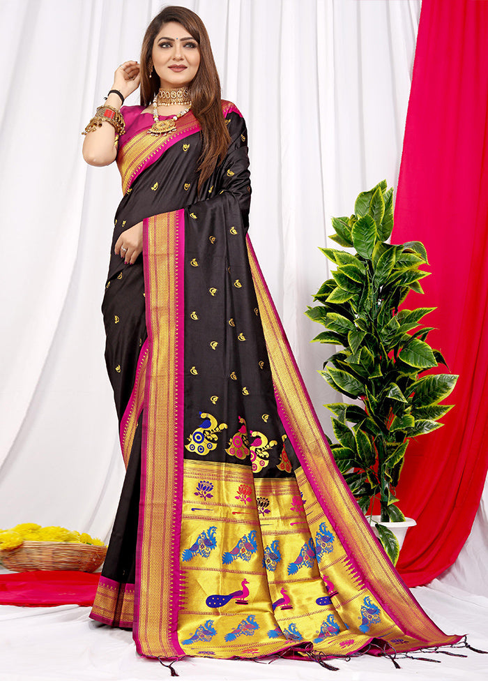 Black Dupion Silk Saree With Blouse Piece - Indian Silk House Agencies