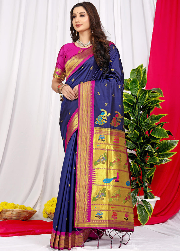 Navy Blue Dupion Silk Saree With Blouse Piece - Indian Silk House Agencies