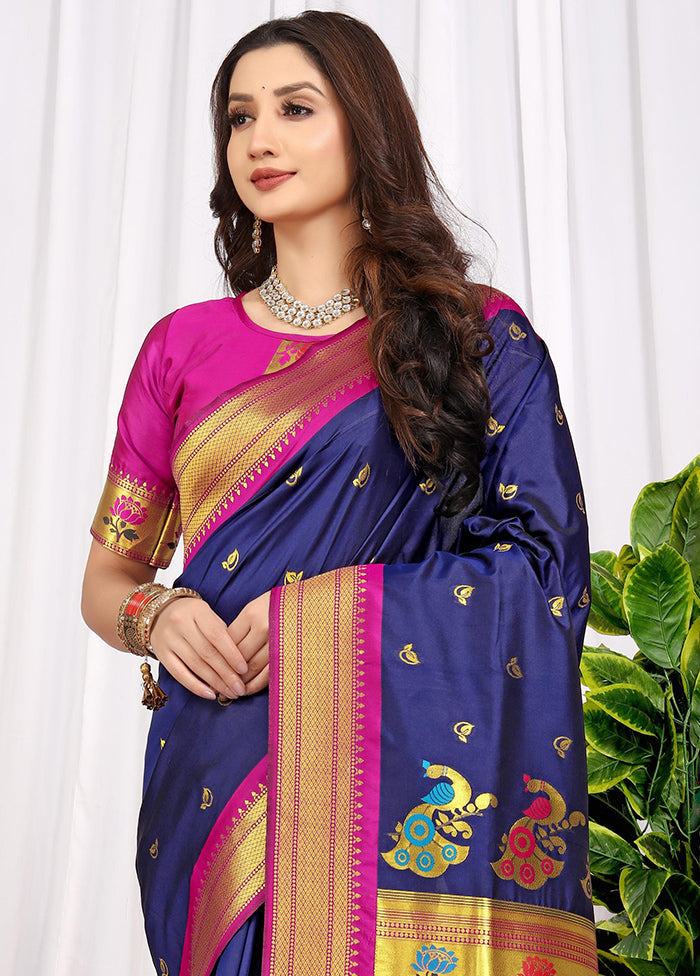 Navy Blue Dupion Silk Saree With Blouse Piece - Indian Silk House Agencies