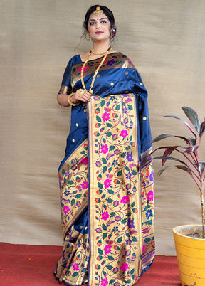 Navy Blue Dupion Silk Saree With Blouse Piece