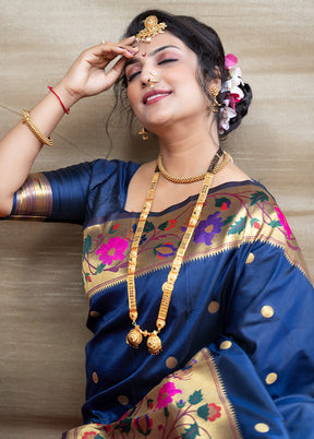 Navy Blue Dupion Silk Saree With Blouse Piece