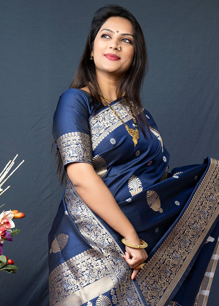 Navy Blue Dupion Silk Saree With Blouse Piece