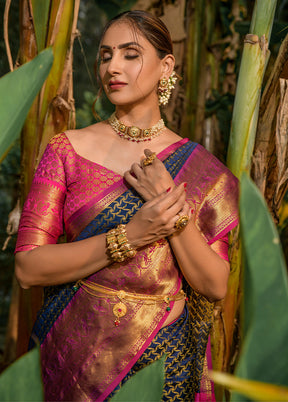 Navy Blue Kanjivaram Silk Saree With Blouse Piece