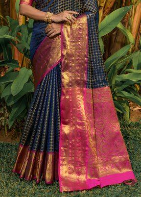 Navy Blue Kanjivaram Silk Saree With Blouse Piece