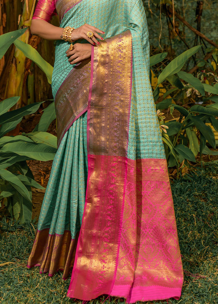 Sky Blue Kanjivaram Silk Saree With Blouse Piece