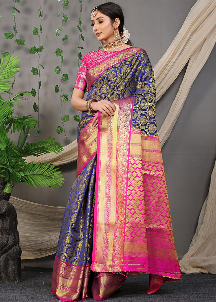 Navy Blue Kanjivaram Silk Saree With Blouse Piece