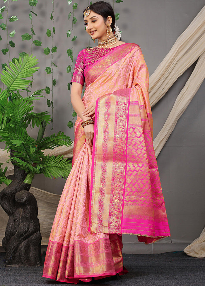 Peach Kanjivaram Silk Saree With Blouse Piece