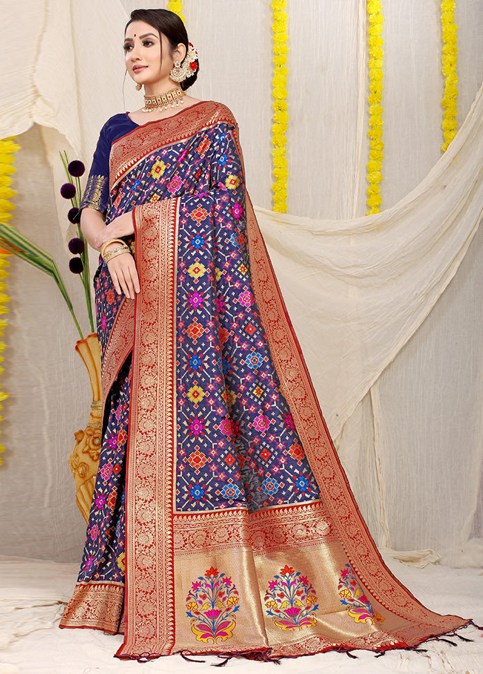 Navy Blue Dupion Silk Saree With Blouse Piece