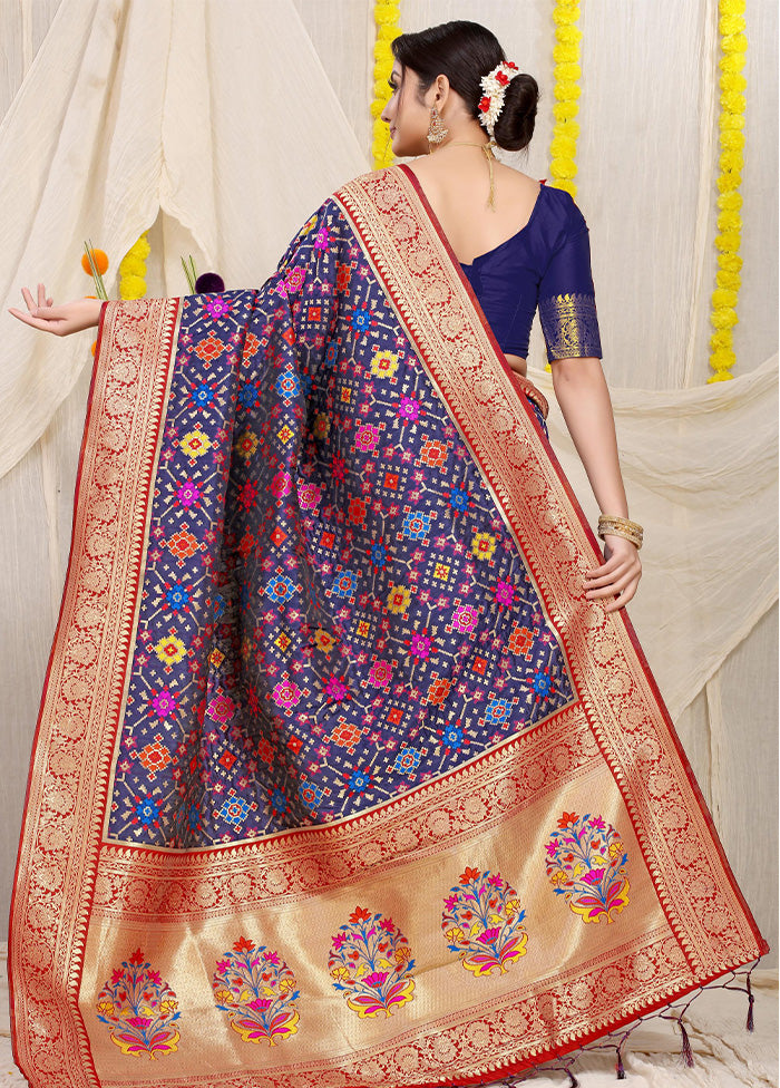 Navy Blue Dupion Silk Saree With Blouse Piece