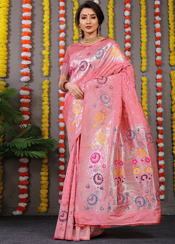 Baby Pink Banarasi Silk Saree With Blouse Piece