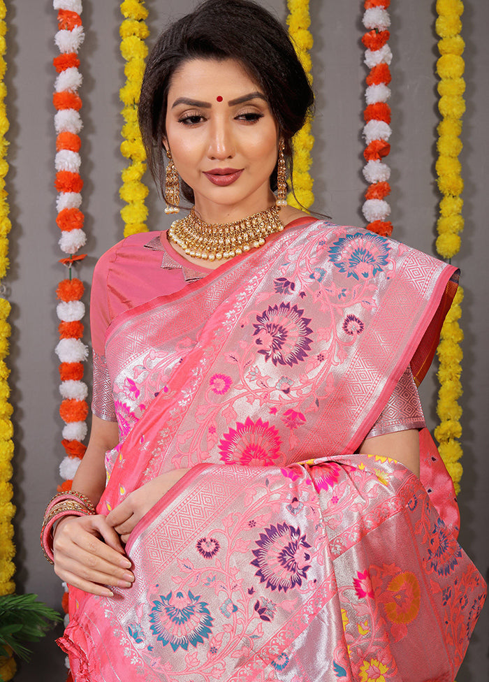 Baby Pink Banarasi Silk Saree With Blouse Piece