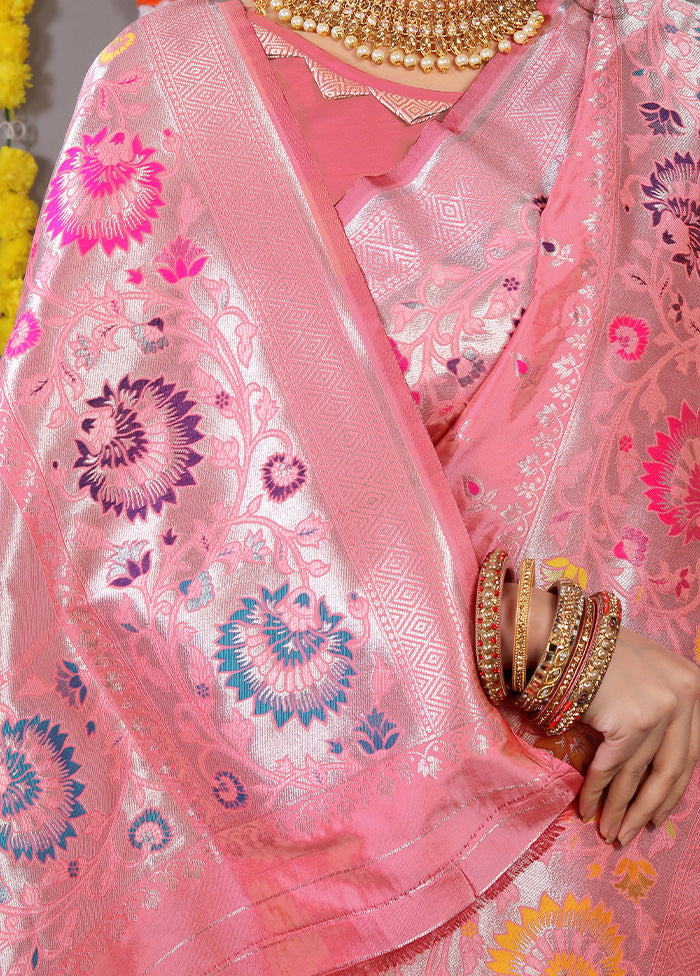 Baby Pink Banarasi Silk Saree With Blouse Piece